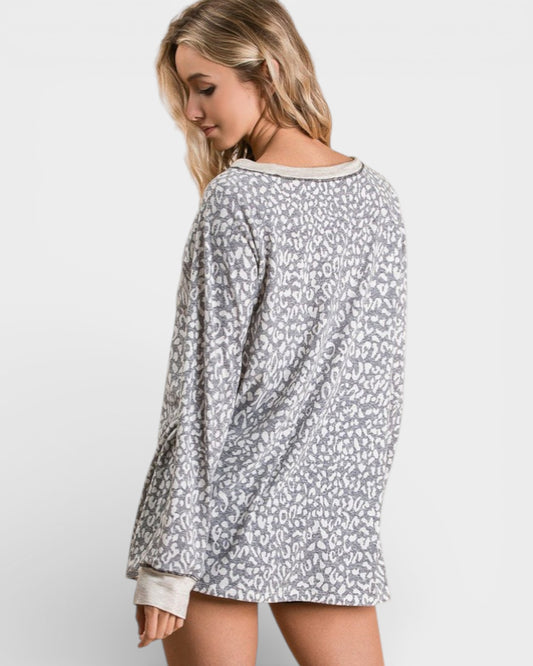 Gray Animal Print Long Sleeve Lounge Top
