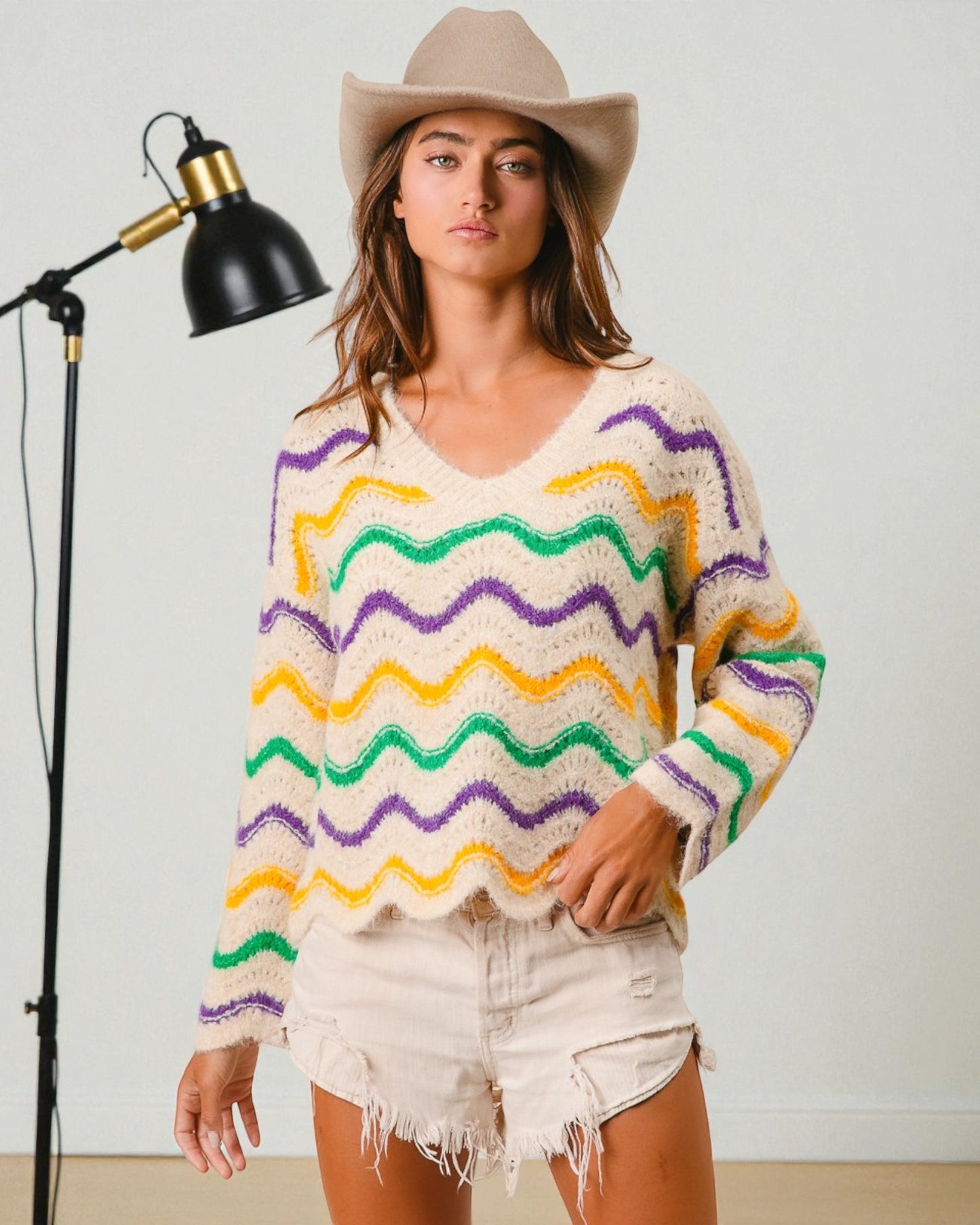 Cream Multi Wave Knit Sweater