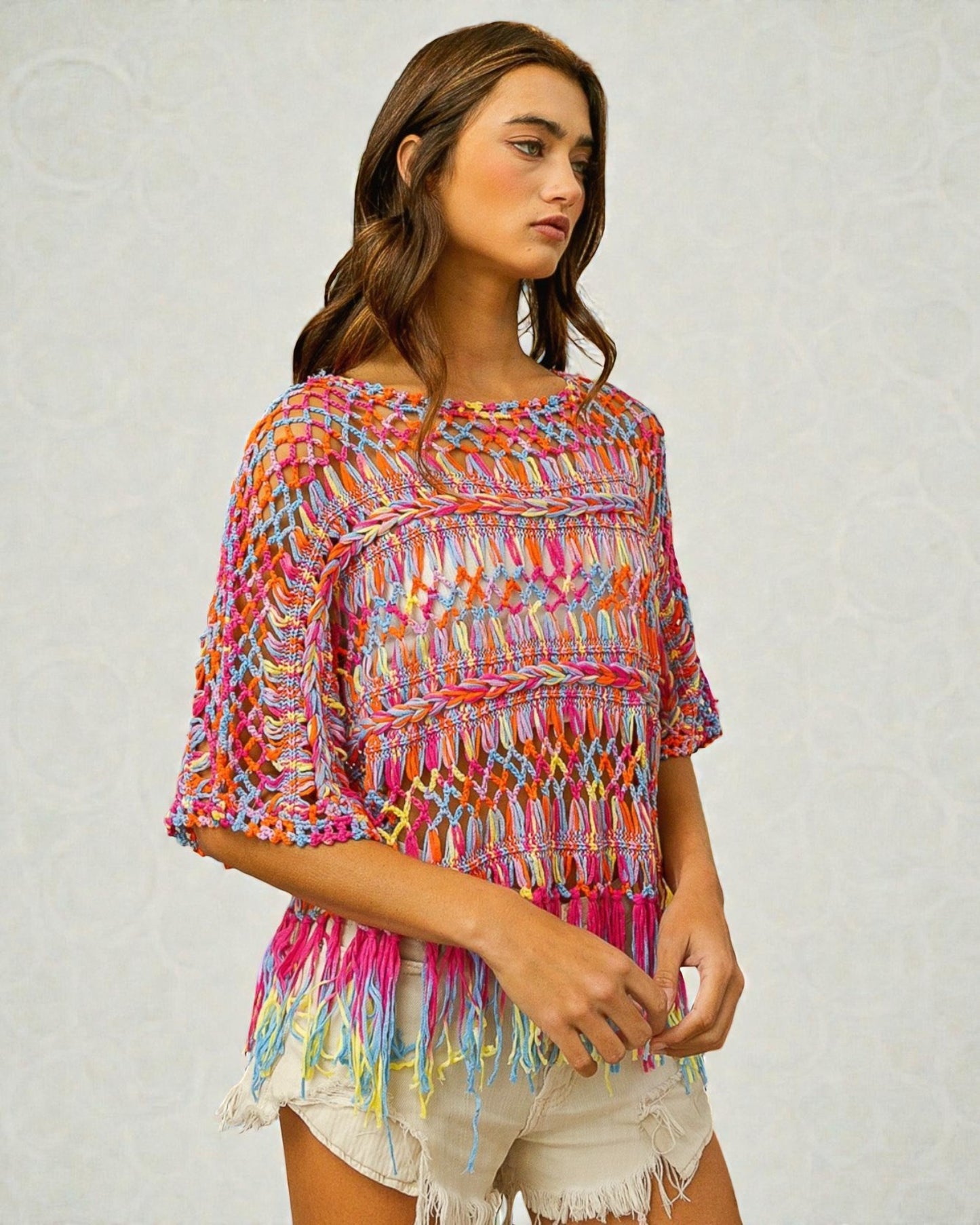 Multicolor Fringe Open Knit Boho Top