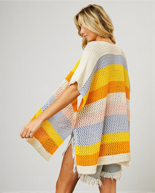 Yellow Blue & Cream Colorblock Open Knit Kimono