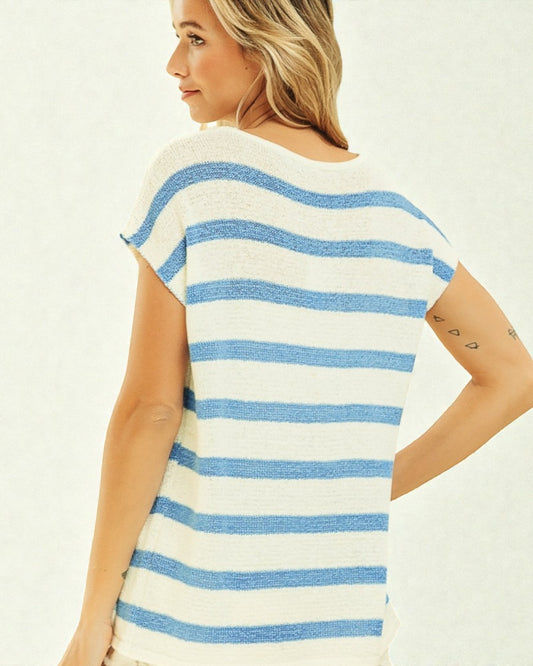 Blue Stripe Short Sleeve Knit Top