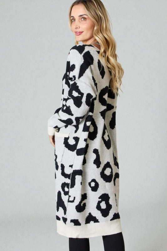 Ivory & Black Abstract Leopard Longline Cardigan