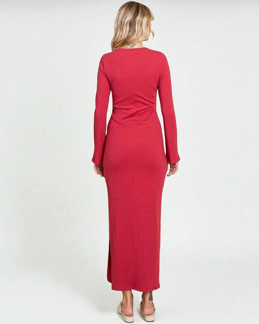 Red dress worn by a person on a white background