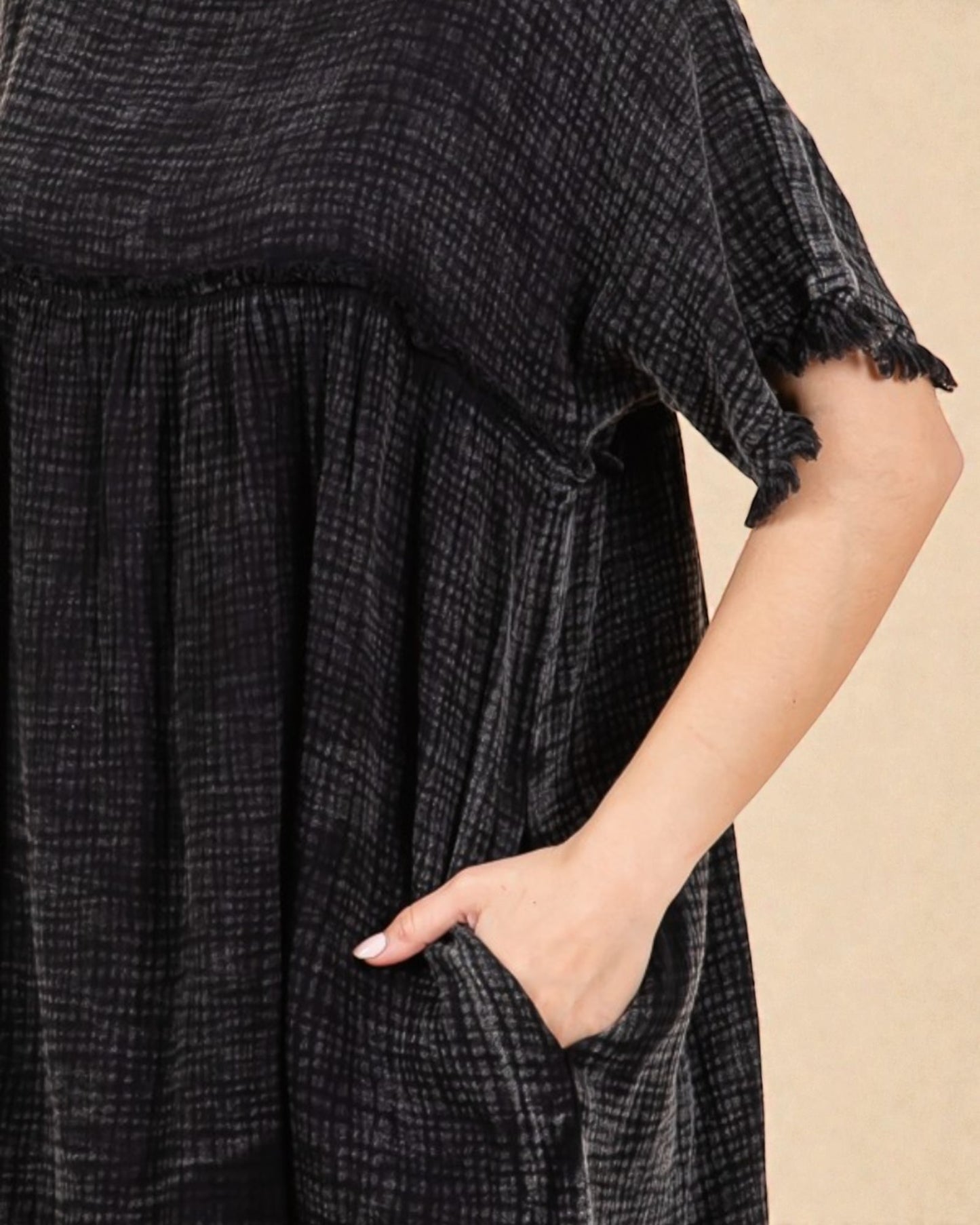 Black Cotton Gauze Mini Dress