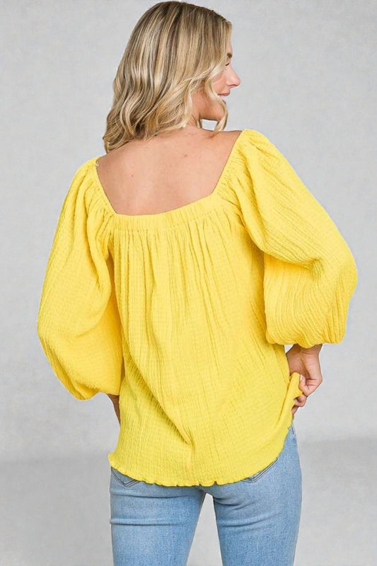 Yellow Crinkle Puff Sleeve Top