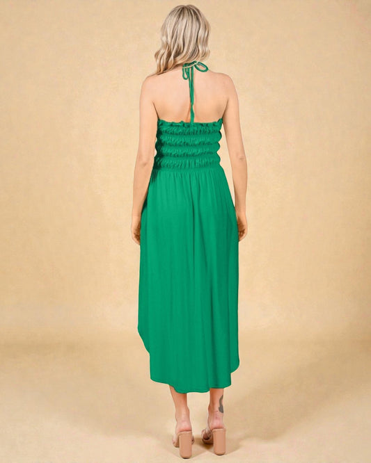 Green Smocked Halter Midi Dress