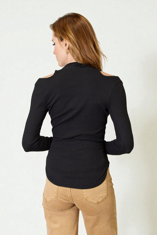 Black Ribbed Cold Shoulder Wrap Top