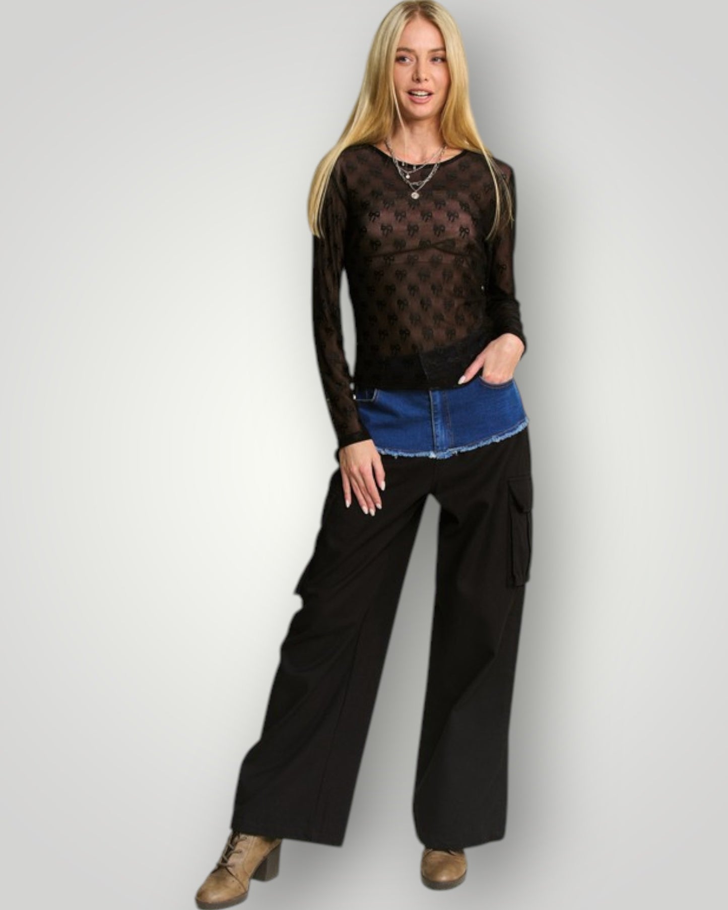 Black Sheer Bow Mesh Long Sleeve Top