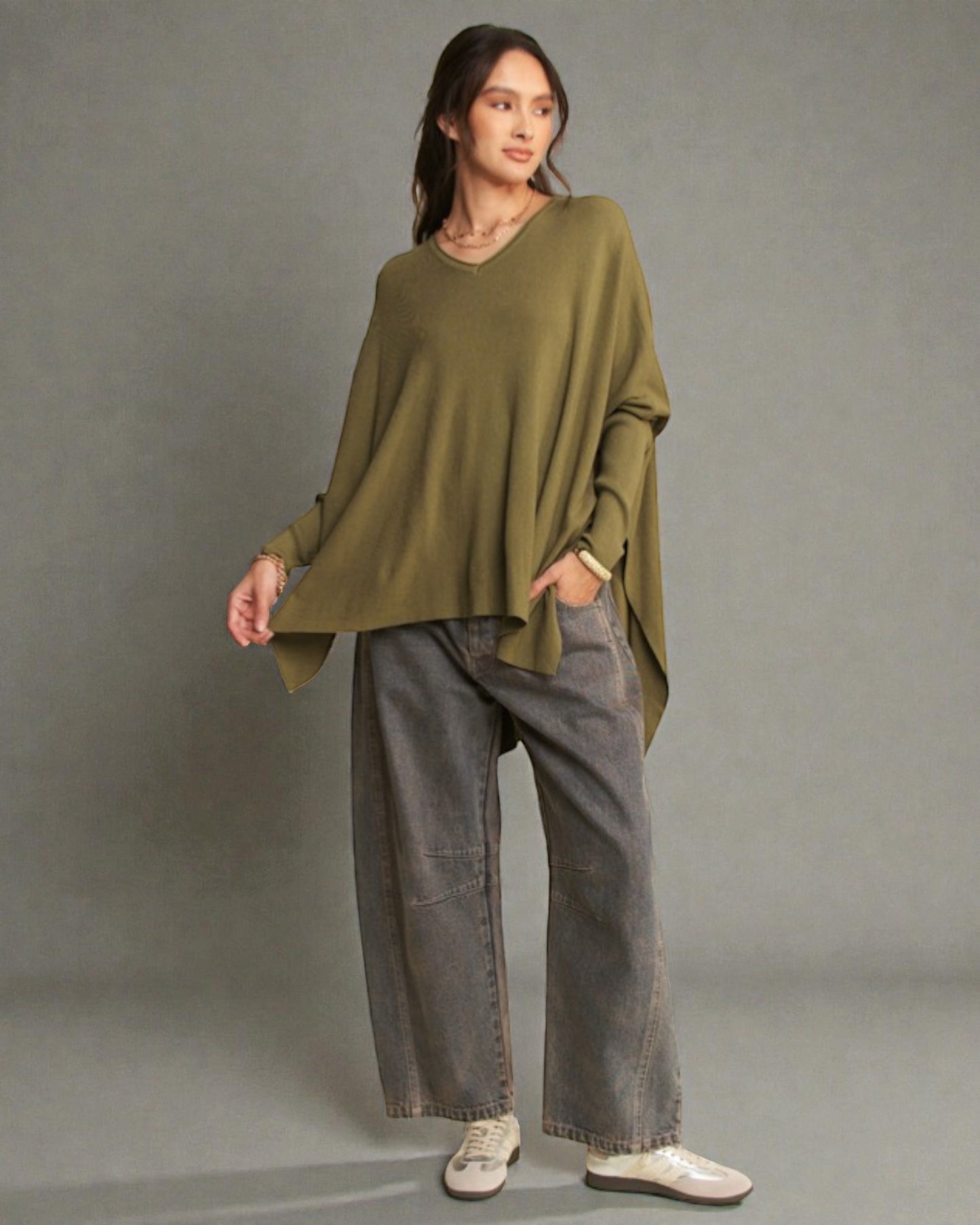 Olive V-Neck Poncho Sweater