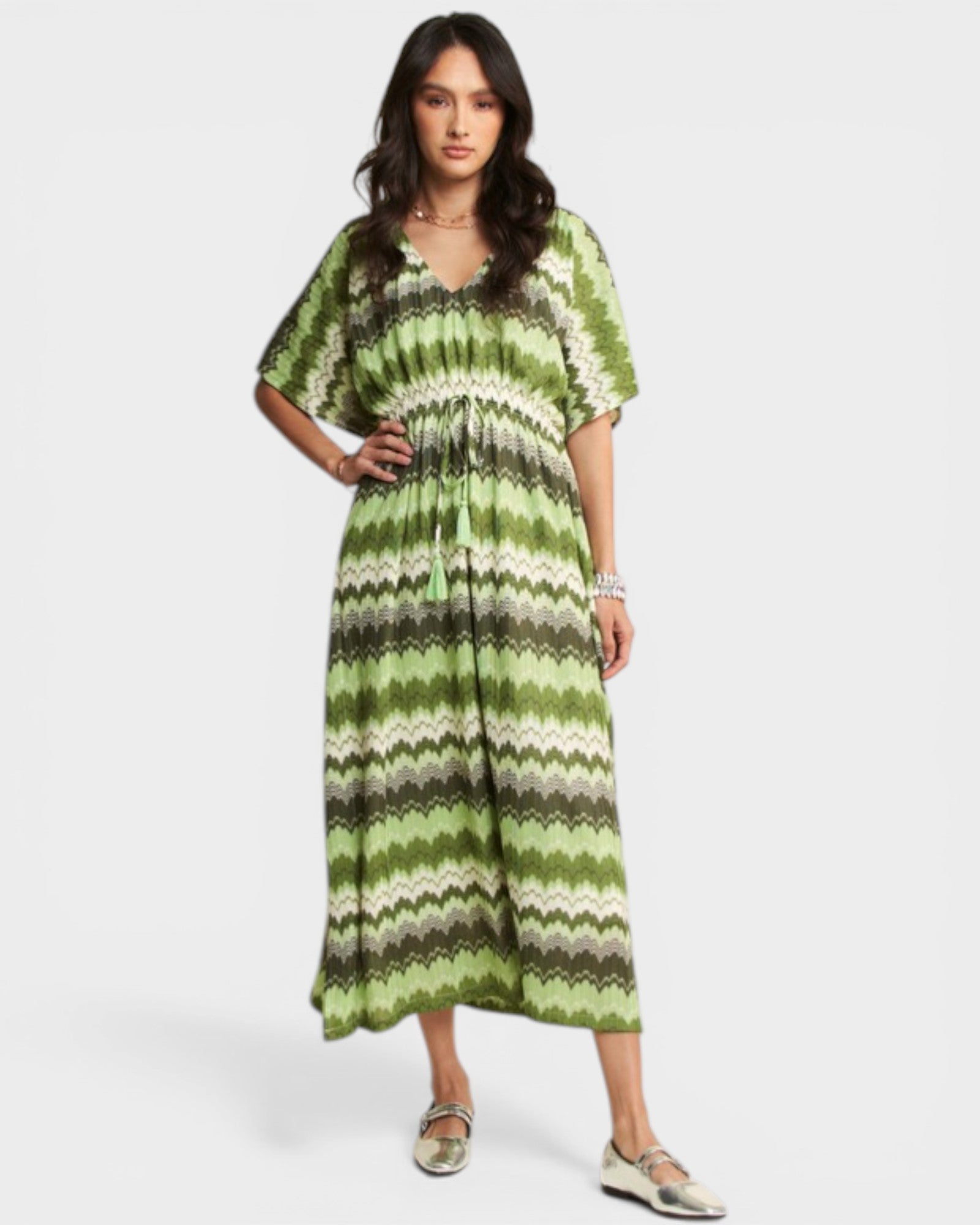 open lace back dress Montret Davi & Dani Multi Color Wavy Tie Waist Flowy Sleeve Dress Sage Multi / L