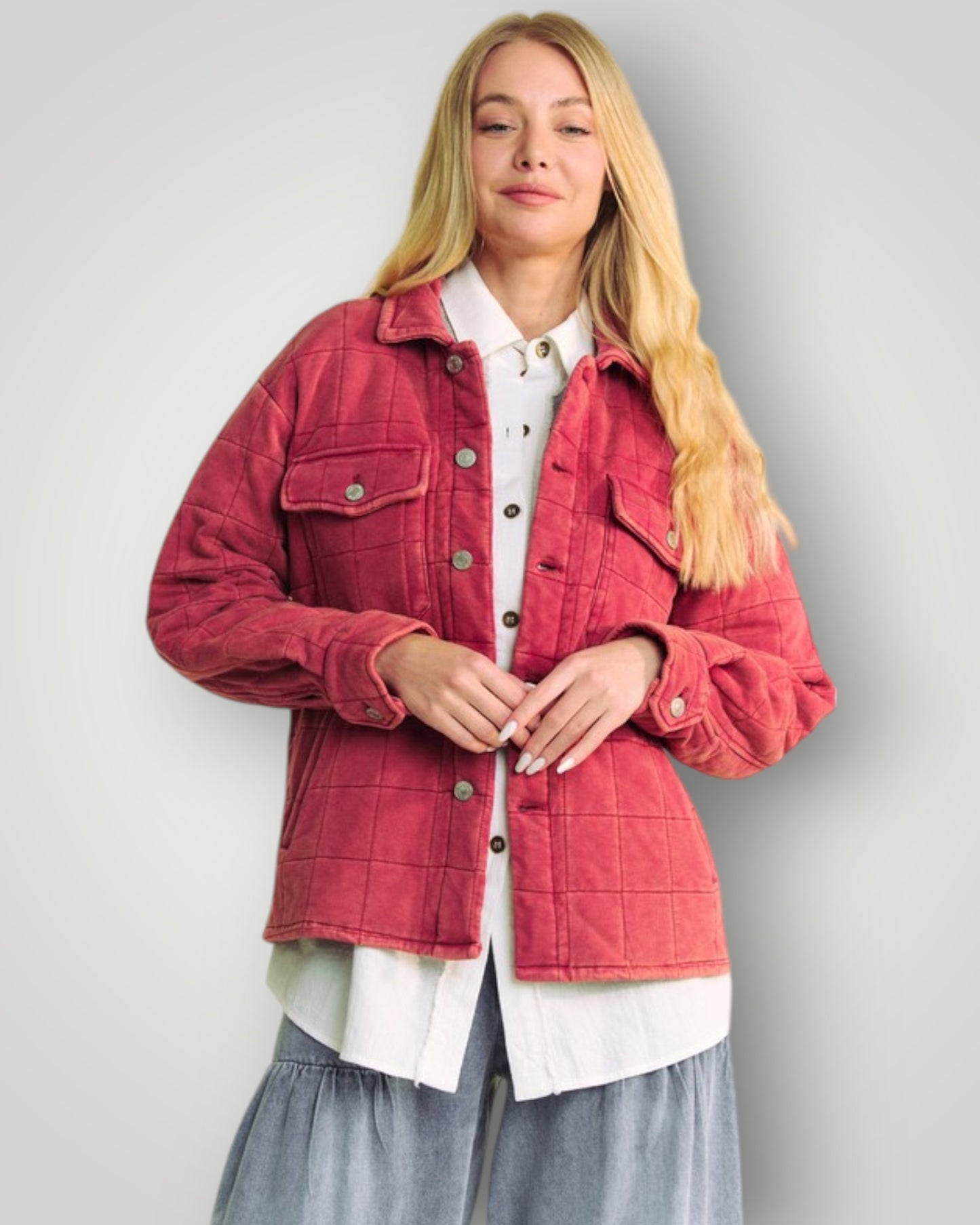 Brick Red Quilted Button Down Shacket