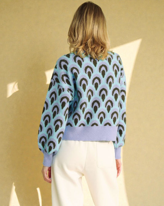 Pastel Blue Printed Relaxed Fit Sweater