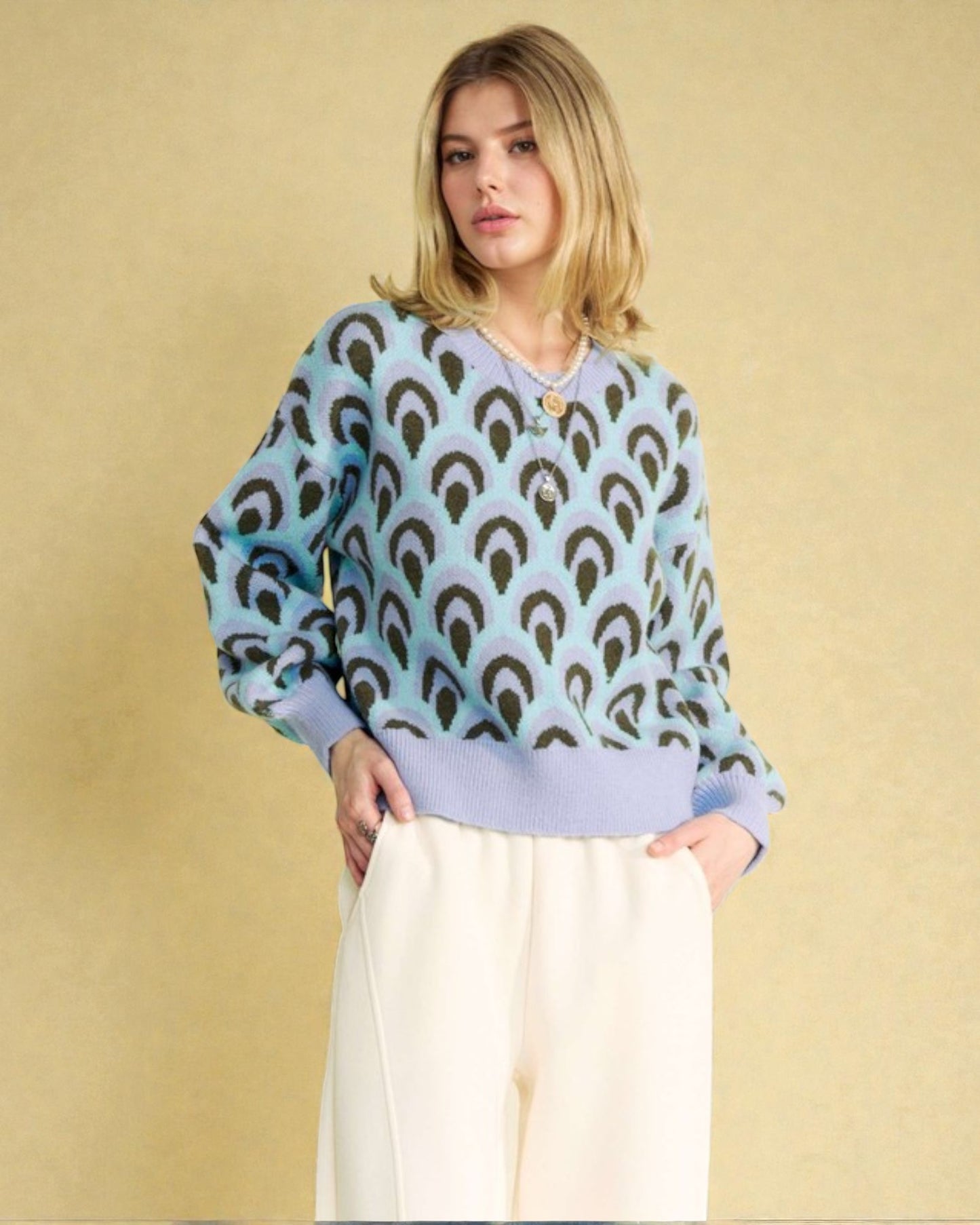 Pastel Blue Printed Relaxed Fit Sweater