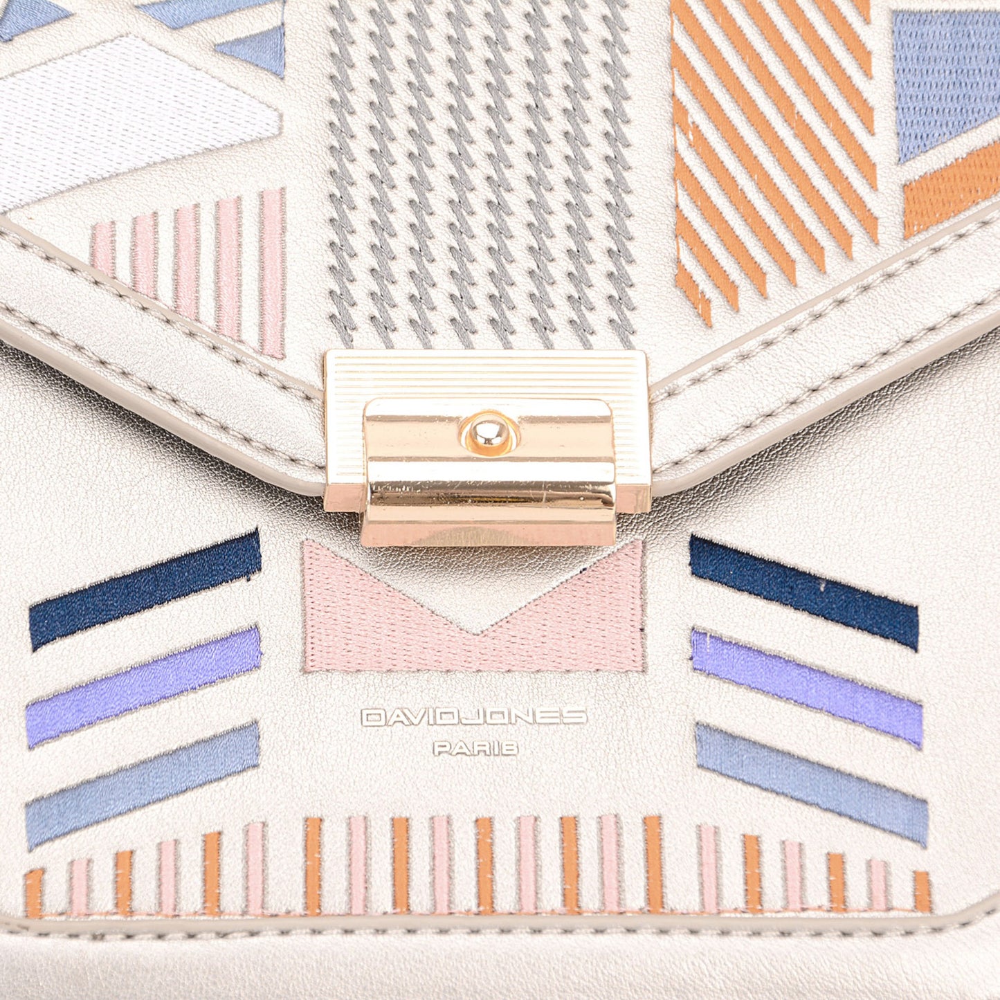 Colorful handbag with geometric patterns and 'David Jones' branding.