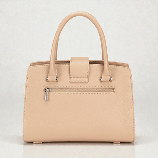 Beige handbag with a zipper on a light gray background