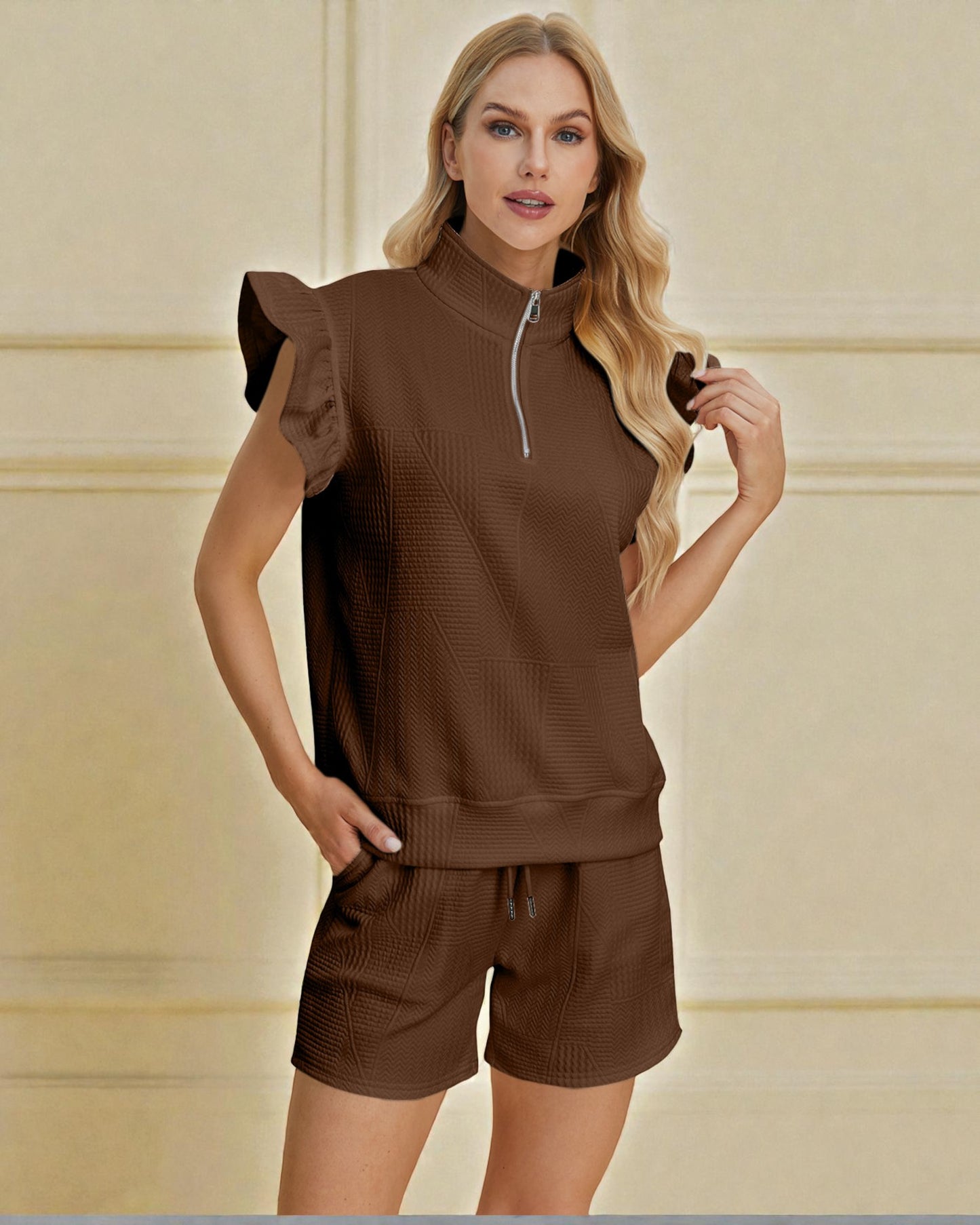 Textured Half-Zip Top & Drawstring Shorts Set