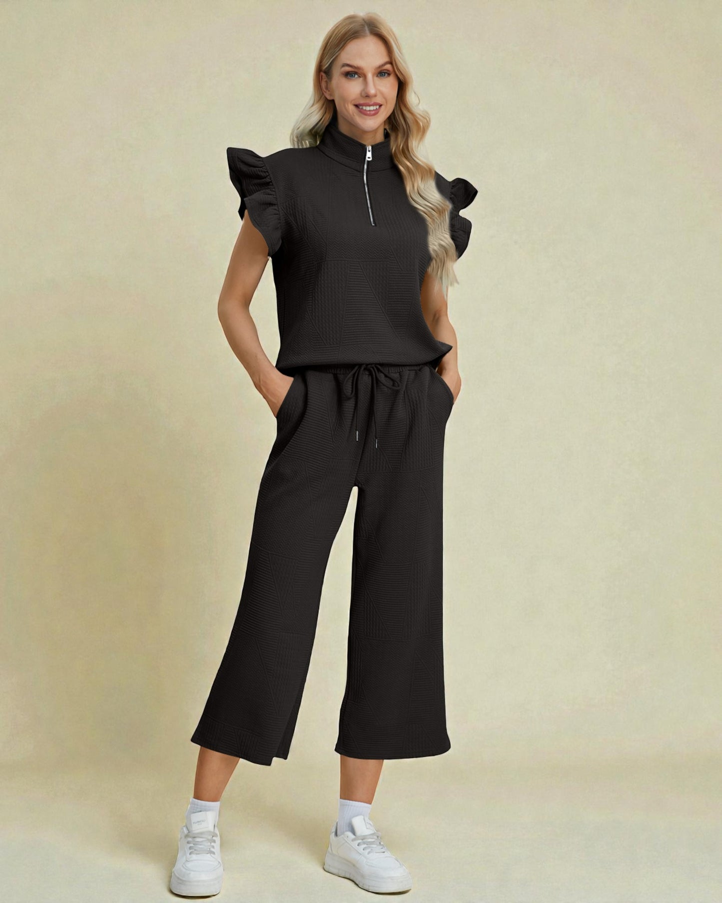Ruffle Sleeve Quarter Zip Lounge Set