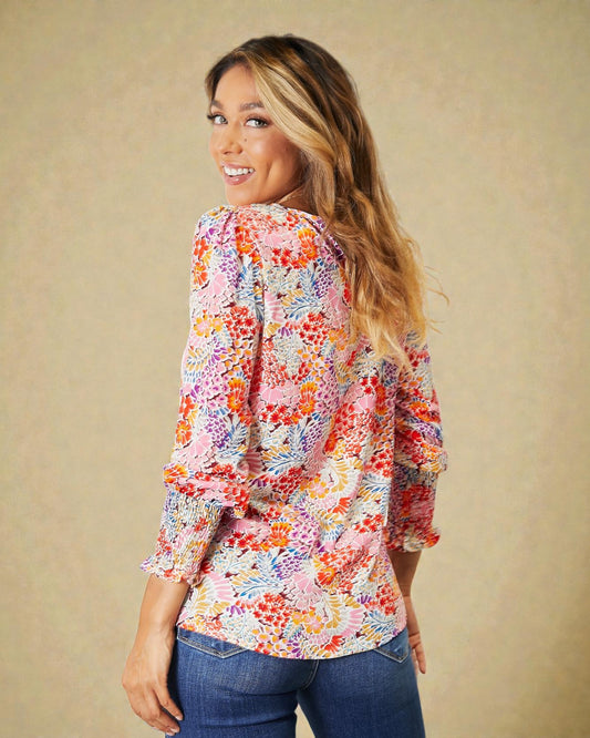 Multi Floral Smocked Cuff Blouse
