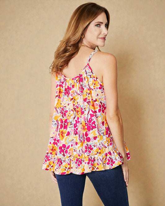 Pink & Gold Floral Ruffle Hem Cami Top