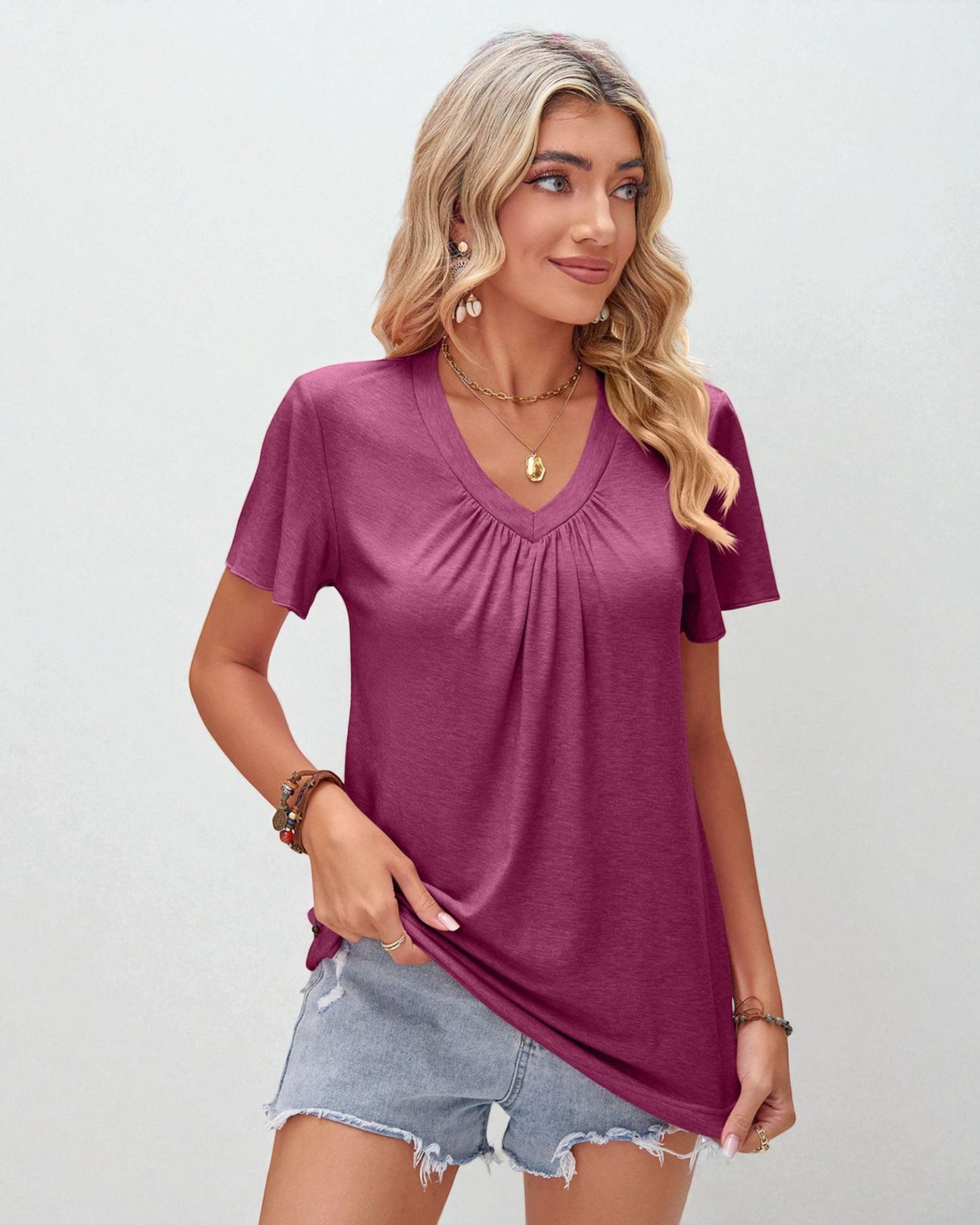 Gathered V-Neck Flutter Sleeve Top