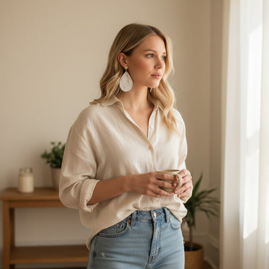Woman holding a mug indoors, wearing a light shirt and jeans.