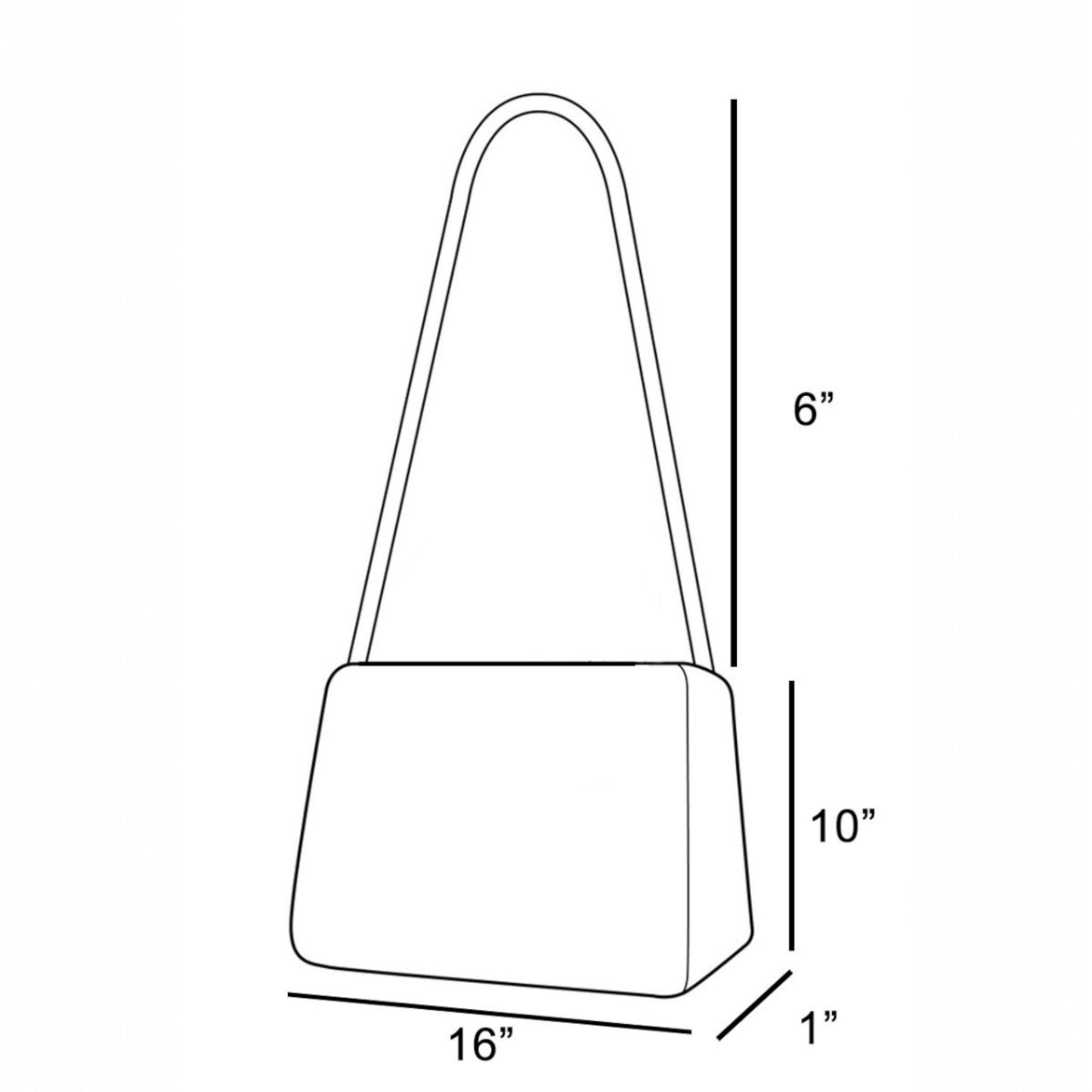 Line drawing of a handbag with dimensions labeled