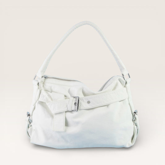 White handbag on a light gray background