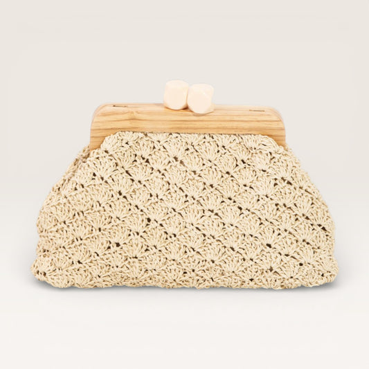 Beige woven clutch bag with wooden clasp on a light gray background