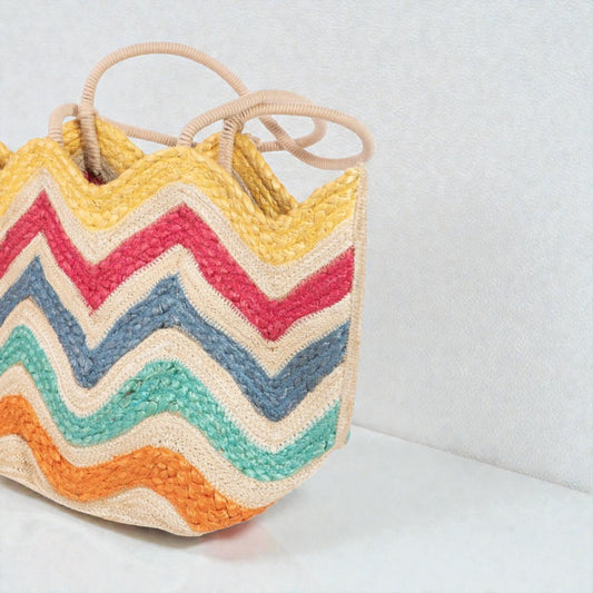 Colorful zigzag patterned basket on a light background