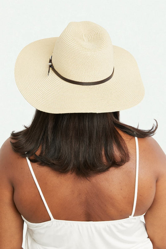 Beige Wide Brim Straw Hat with Brown Strap