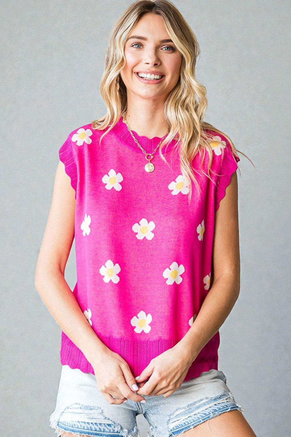 Fuchsia Pink Daisy Sleeveless Knit Top
