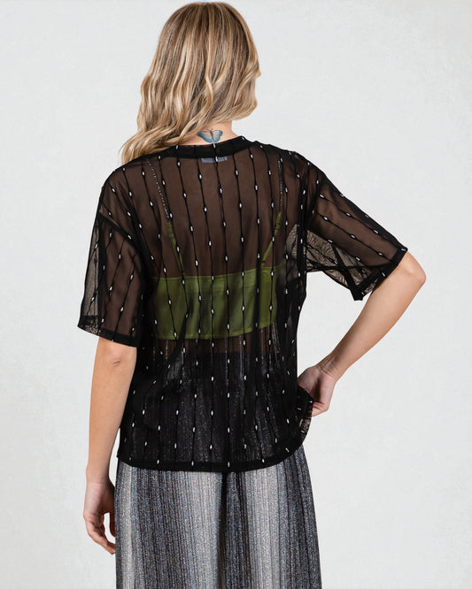 Woman wearing a sheer black top with a green panel on a white background