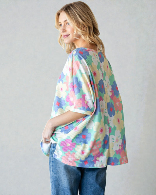 Pastel Floral Waffle Knit Oversized Top
