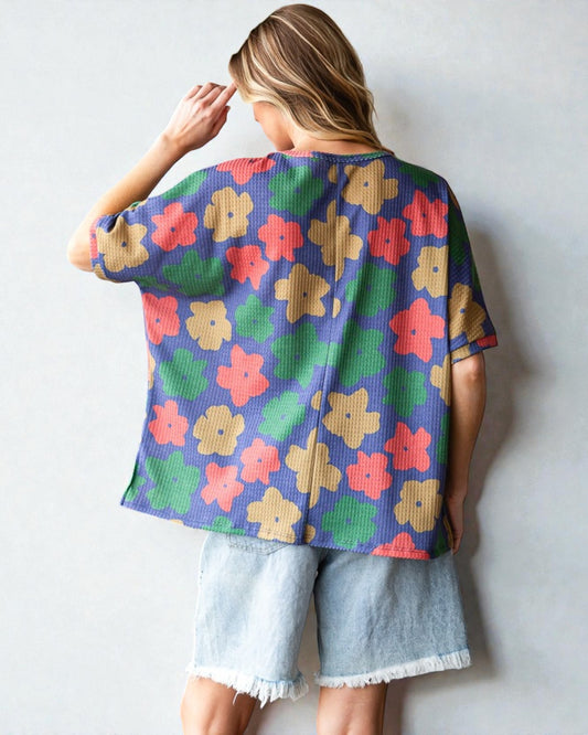 Blue Retro Floral Waffle Knit Top
