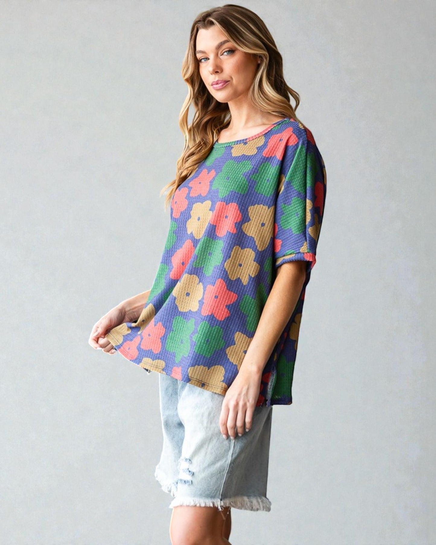 Blue Retro Floral Waffle Knit Top