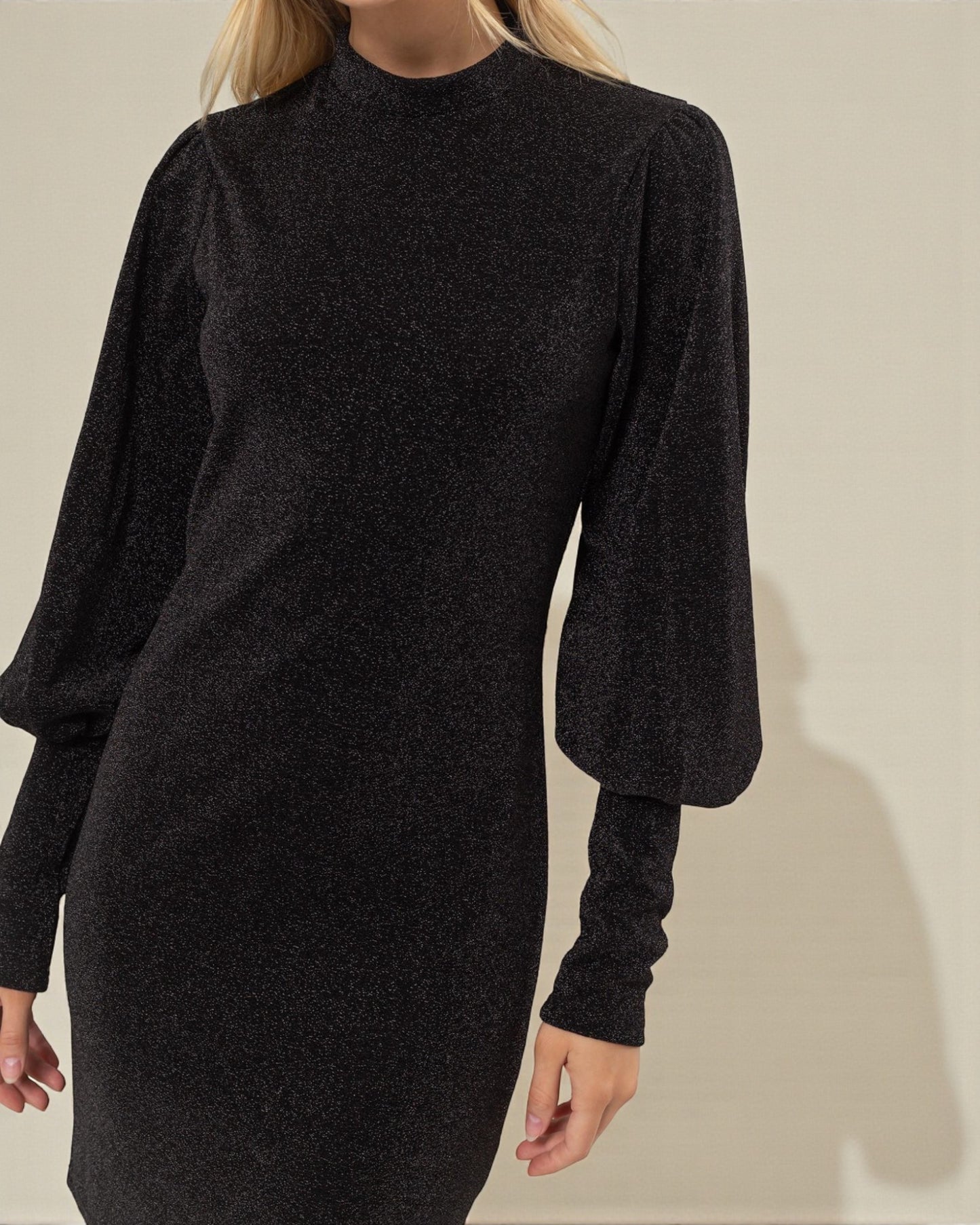 Black long-sleeve dress worn by a person on a beige background