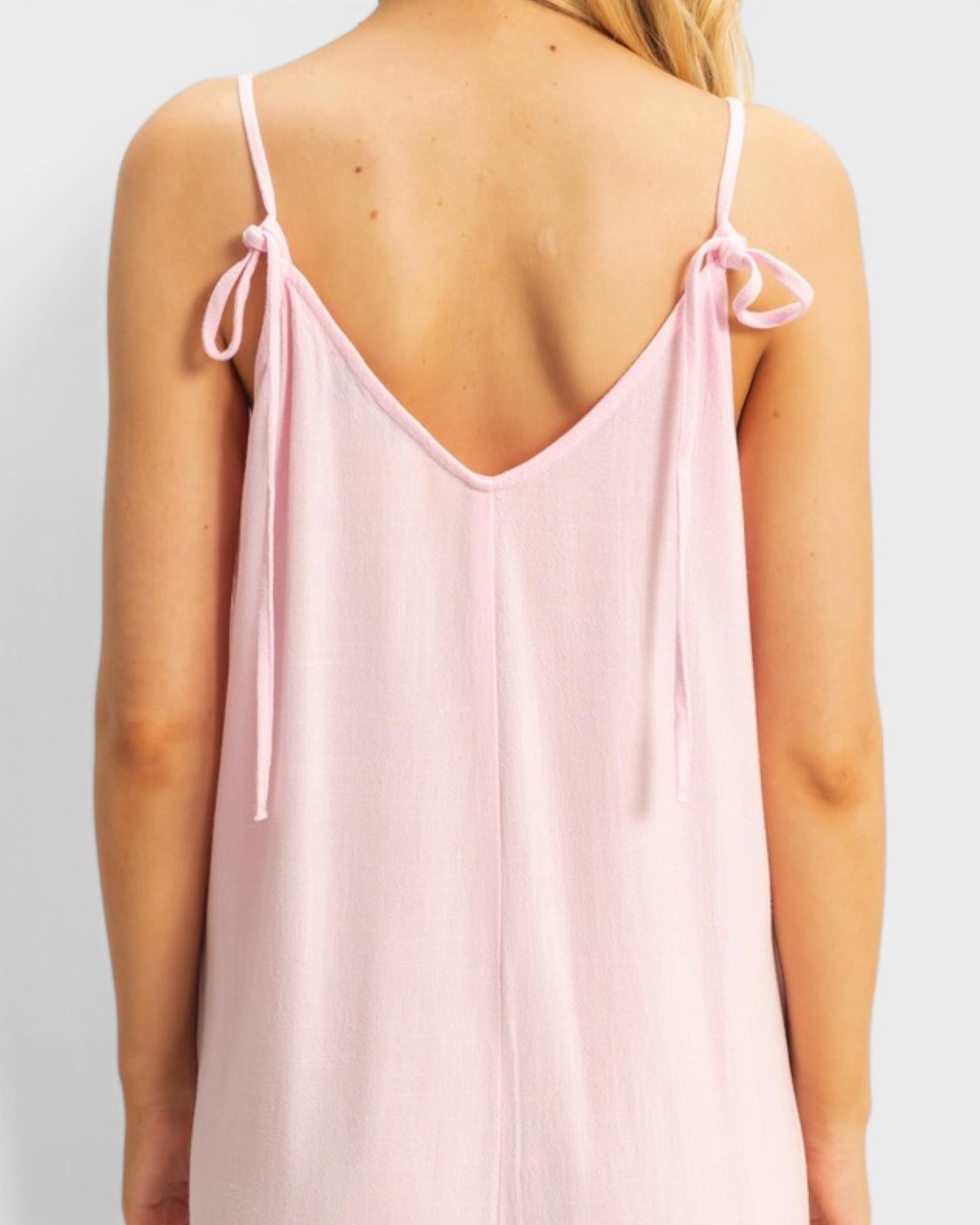 Light Pink Linen Blend Tie Strap Jumpsuit