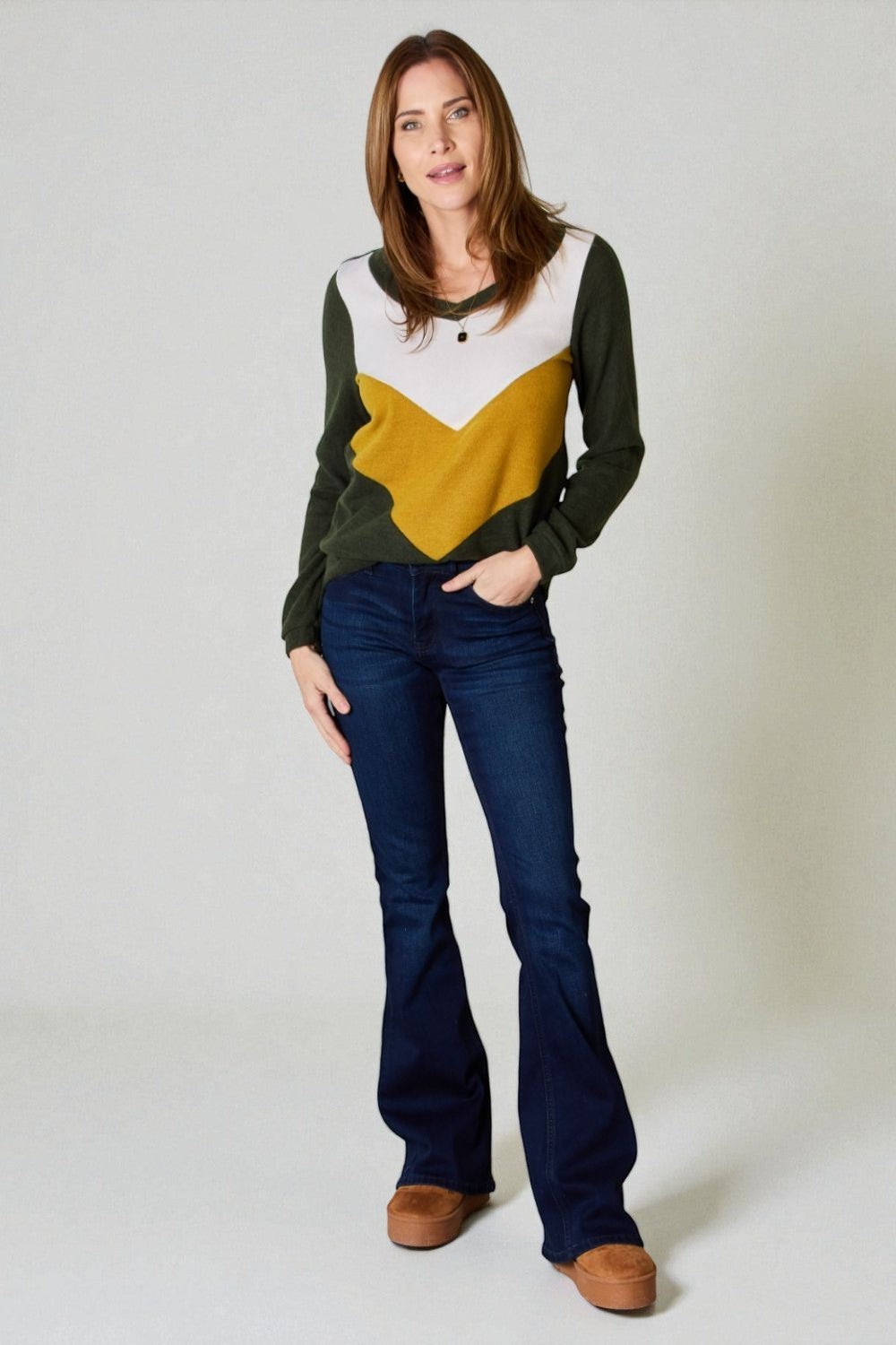 Olive, Mustard & Ivory Chevron Colorblock Knit Sweater