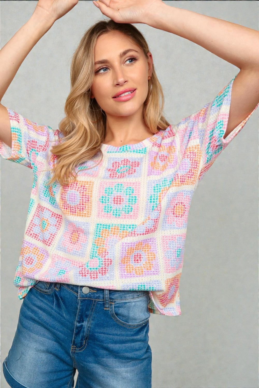 Multicolor Crochet Print Short Sleeve Top