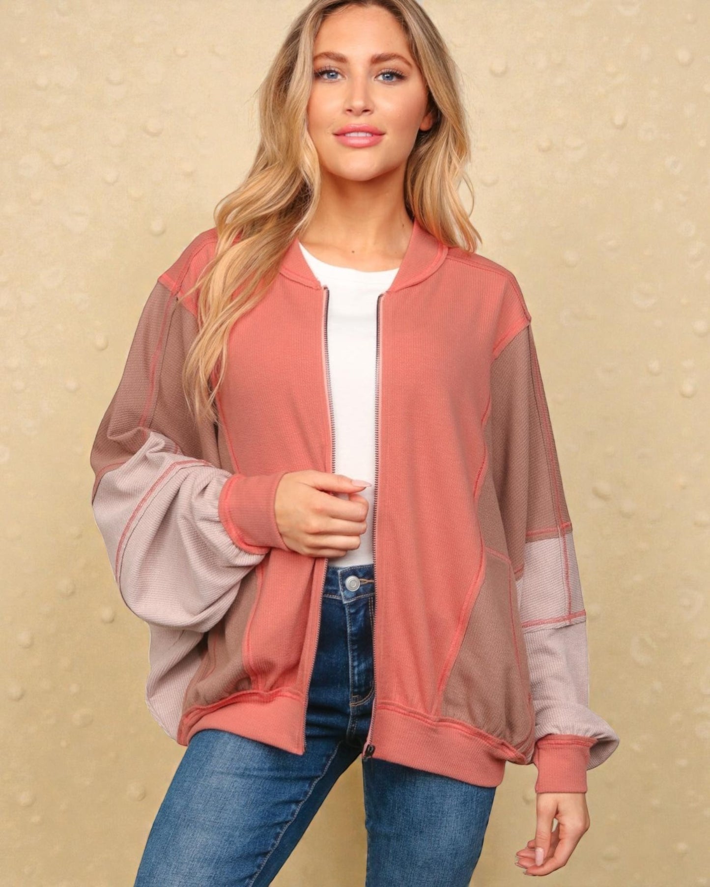 Coral Colorblock Zip-Up Knit Jacket