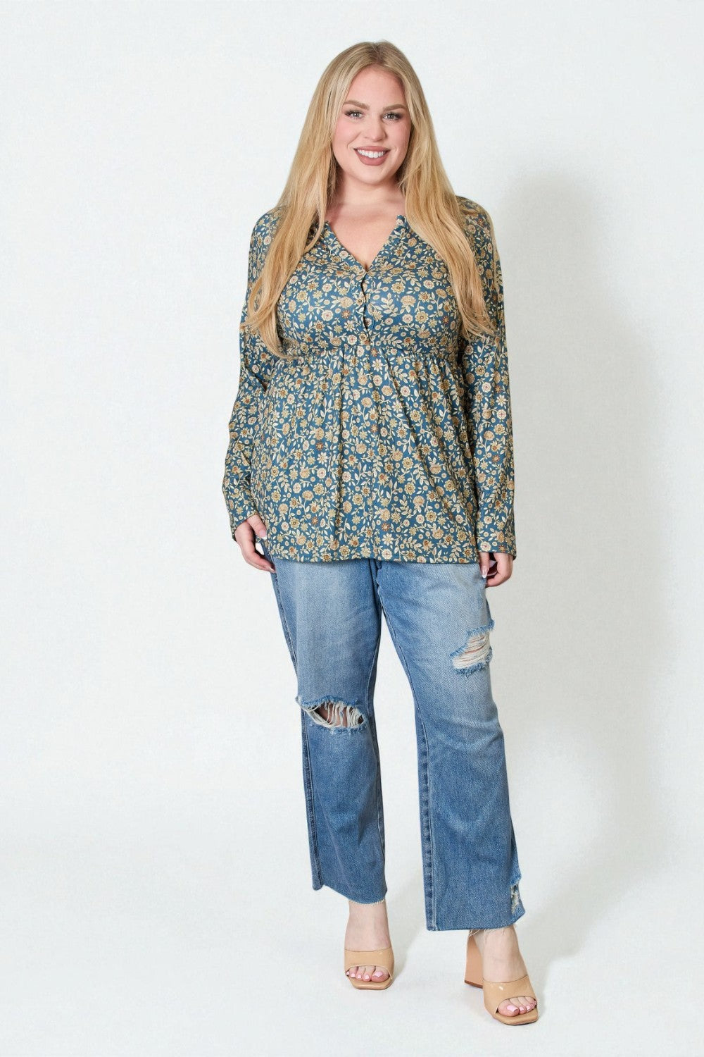 Dusty Teal Floral Button Front Peplum Top