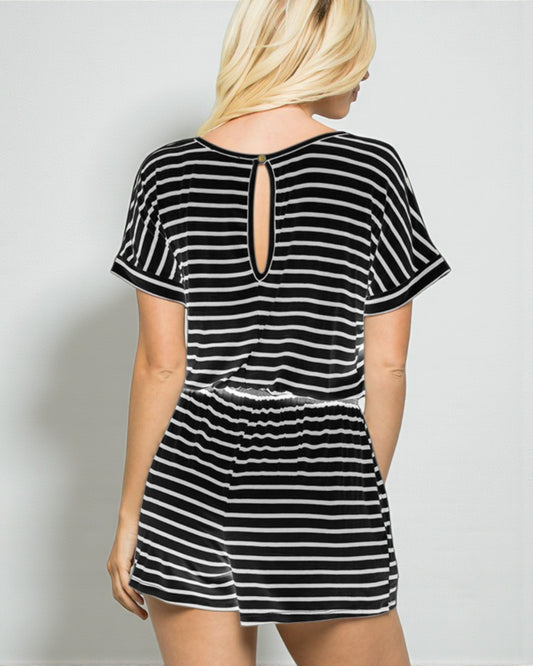 Black & White Striped Drawstring Romper