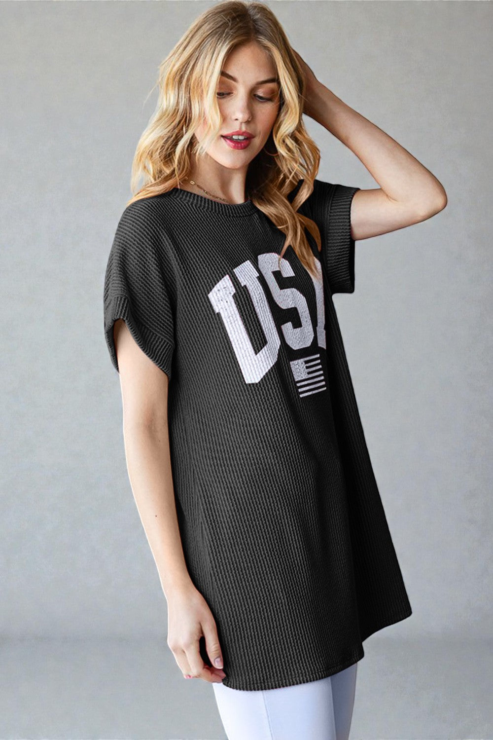 Black USA Graphic Rib Knit Top