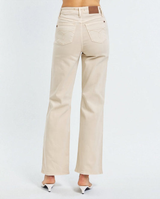 Beige wide-leg pants on a white background