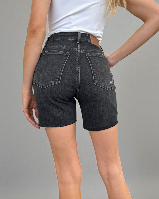Charcoal Distressed High Rise Denim Shorts