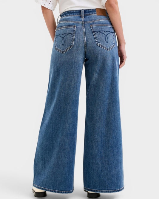 Wide-leg jeans worn by a person on a white background