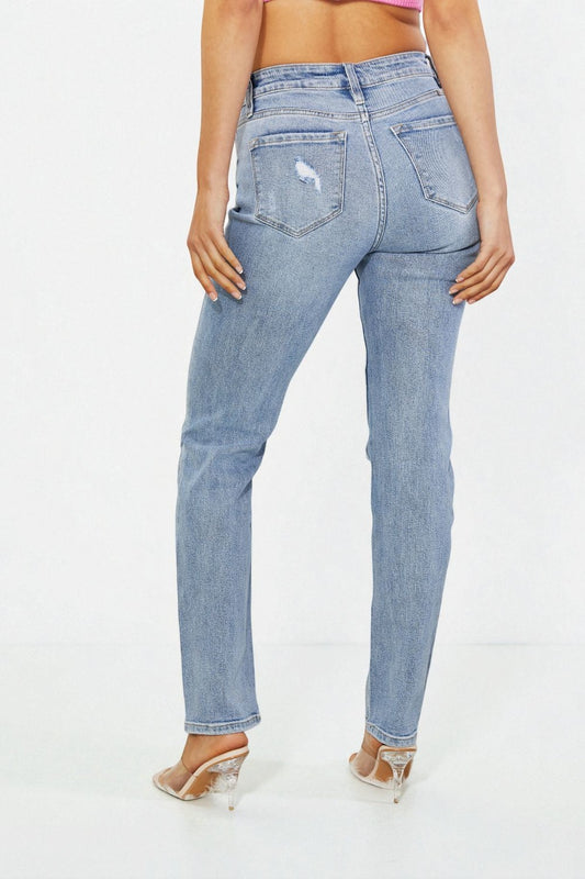Light Wash High Rise Distressed Straight Jeans