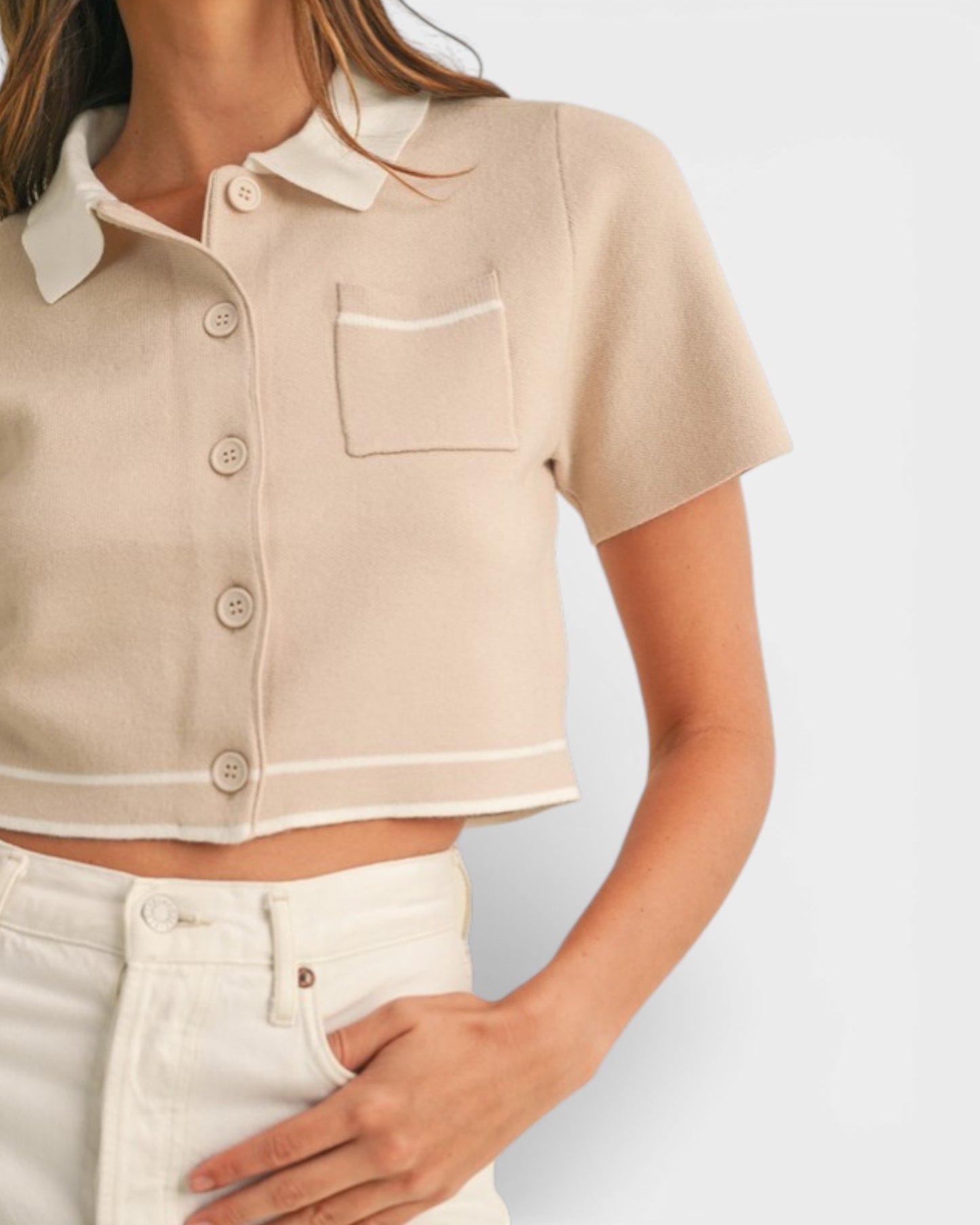 Beige & Ivory Contrast Collared Knit Cardigan