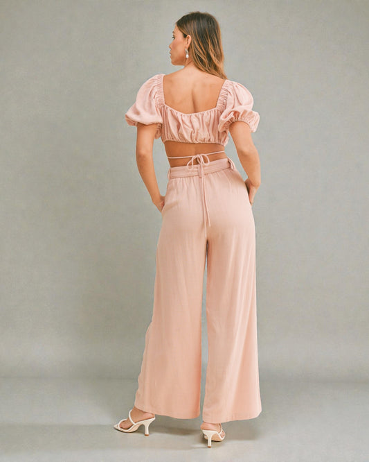 Blush Puff Sleeve Wide Leg Pants Set
