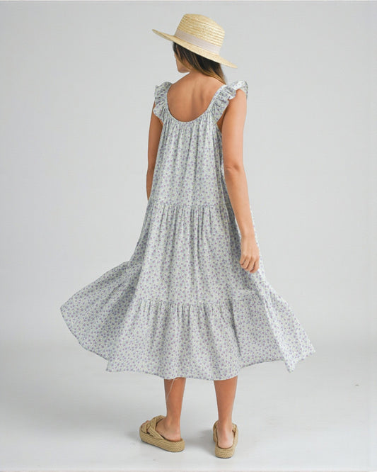 Robe mi-longue à volants fleuris sans manches en bleu